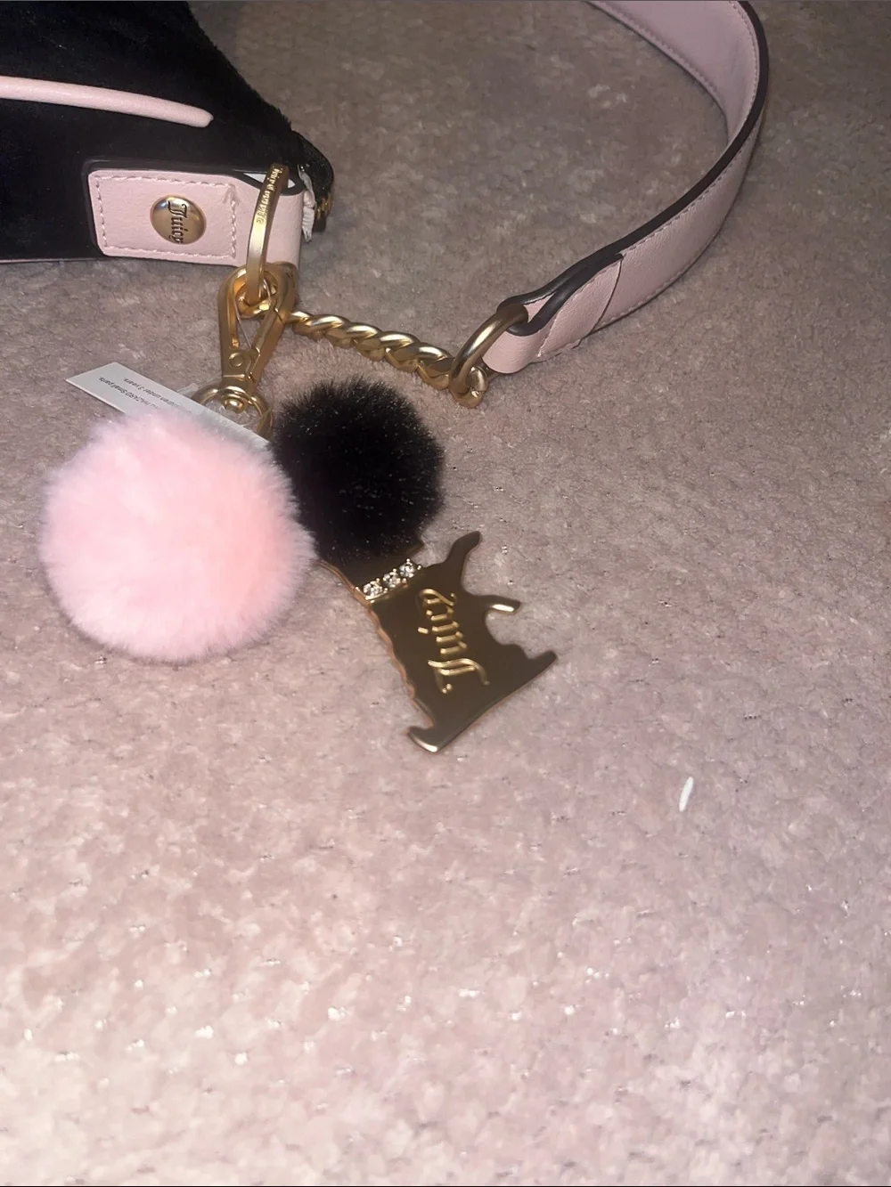 Juicy Couture Black Velvet Shoulder Bag with Pink Trim and Gold Chain